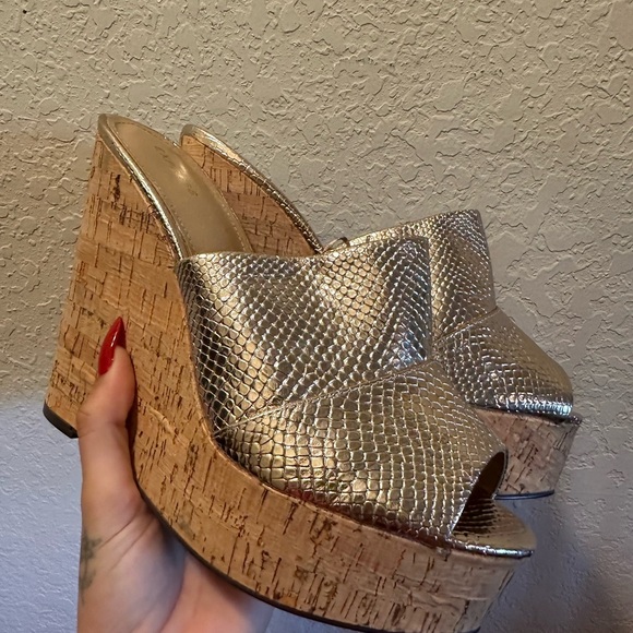 Express Metallic Gold Snakeskin Cork Wedge Heels - Picture 3 of 6